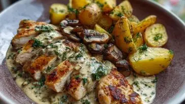 Chestnut Garlic Greek Chicken Alfredo with Sage Potatoes & Mushroom Basil Pesto