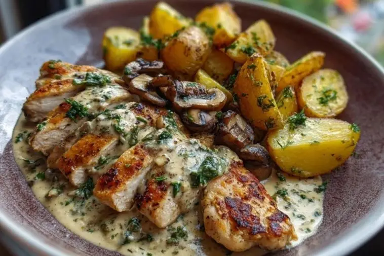 Chestnut Garlic Greek Chicken Alfredo with Sage Potatoes & Mushroom Basil Pesto