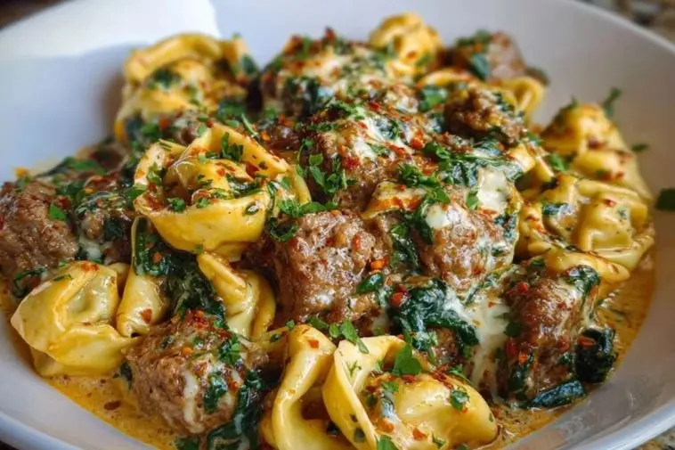 Creamy Garlic Butter Beef Tortellini with Italian Sausage & Spinach