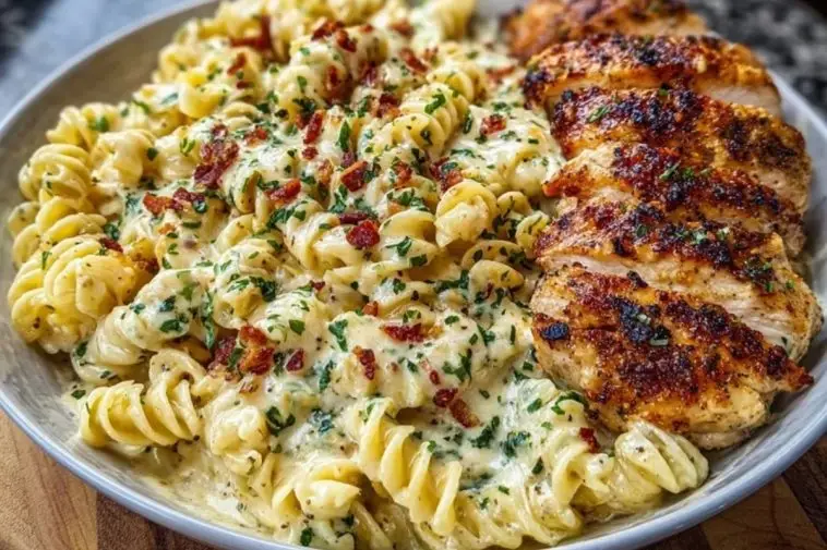 Creamy Garlic Parmesan Chicken with Cheesy Twisted Pasta