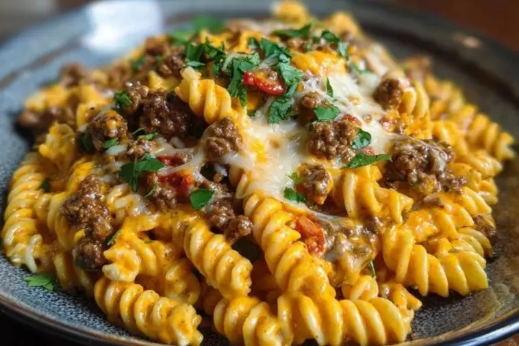 Creamy Mozzarella Rotini with Spicy Cajun Beef and Velveeta Sauce