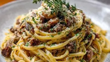 Creamy Parmesan Beef Linguine with Garlic Butter Sauce