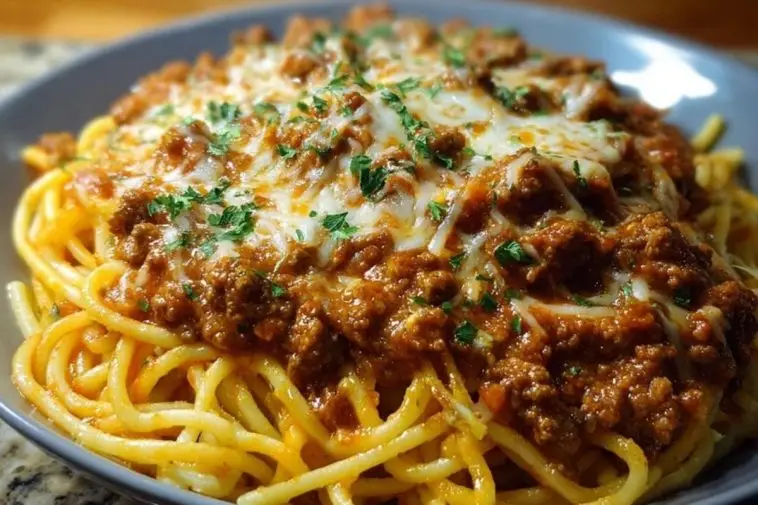 Creamy Velveeta Spaghetti with Italian Beef Marinara