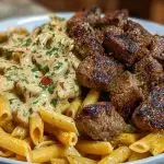 Cajun Steak Tips with Cheesy Penne Parmesan Sauce