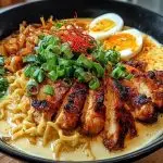 Fiery Chicken Ramen with Creamy Garlic Sauce