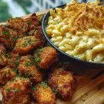 Garlic Butter Chicken Bites & Cajun Alfredo Mac with Crispy Onion Topping