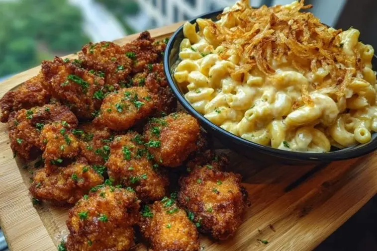 Garlic Butter Chicken Bites & Cajun Alfredo Mac with Crispy Onion Topping