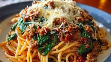 Garlic Butter Spaghetti with Cheesy Italian Sausage and Spinach