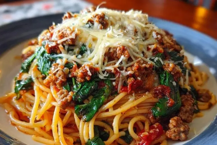 Garlic Butter Spaghetti with Cheesy Italian Sausage and Spinach