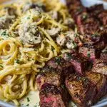 Garlic Butter Steak with Cheesy Linguine in Four-Cheese Sauce