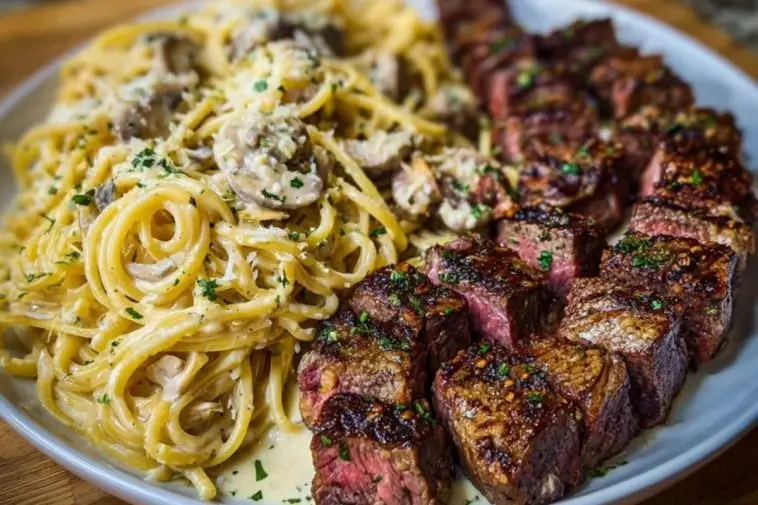 Garlic Butter Steak with Cheesy Linguine in Four-Cheese Sauce