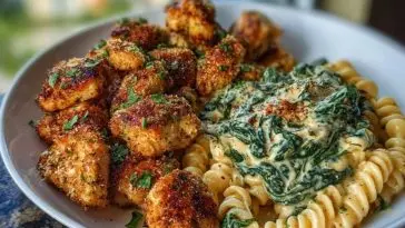 Garlic Parmesan Chicken Bites with Hot Cajun Alfredo & Crispy Spinach Twists
