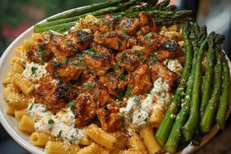Greek Chili Chicken Alfredo Recipe with Smoked Feta Cream and Crispy Parmesan Asparagus