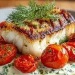 Grilled Cod with Roasted Tomatoes & Creamy Dill Sauce