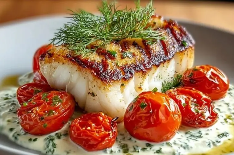 Grilled Cod with Roasted Tomatoes & Creamy Dill Sauce