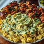 Hot Honey Cajun Chicken Alfredo with Basil Feta Swirl & Crispy Brussels Chips