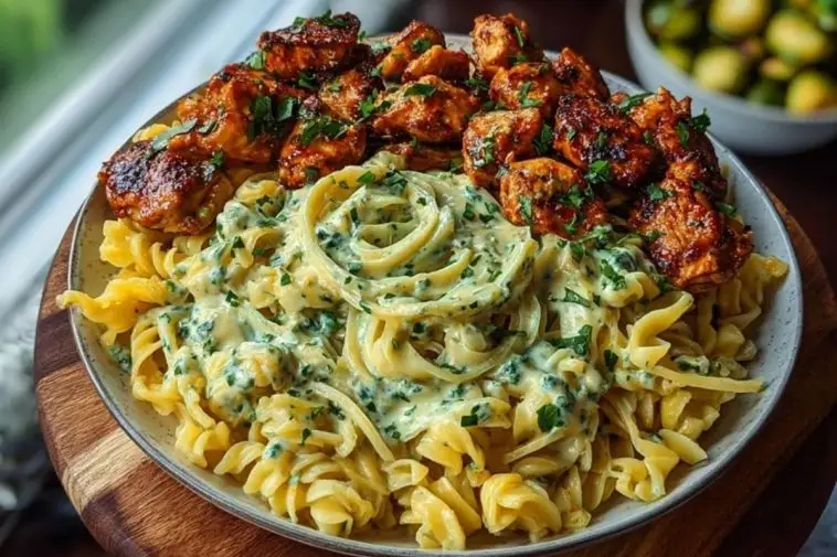 Hot Honey Cajun Chicken Alfredo with Basil Feta Swirl & Crispy Brussels Chips
