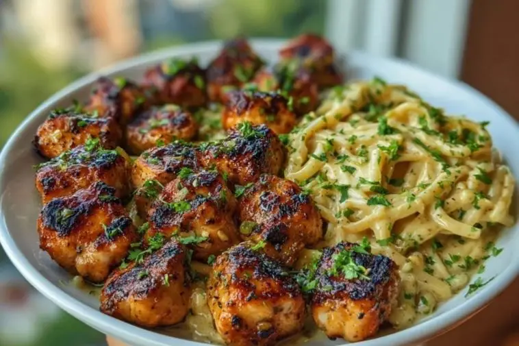 Maple Garlic Chicken Bites with Spicy Cajun Alfredo