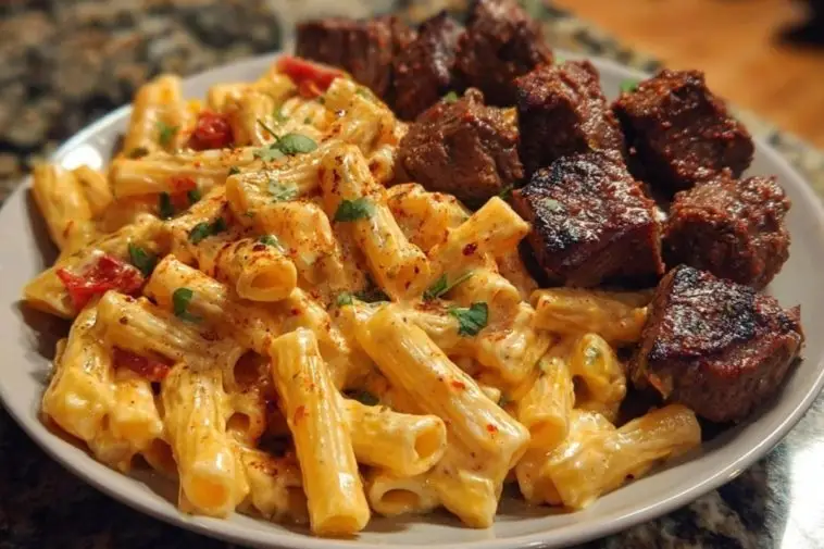 Penne with Creamy Velveeta Four-Cheese and Cajun Beef Bites