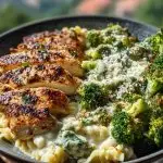 Pesto Chicken Alfredo with Spicy Feta Cream & Parmesan Broccoli Crunch