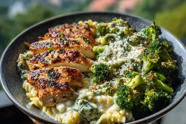 Pesto Chicken Alfredo with Spicy Feta Cream & Parmesan Broccoli Crunch