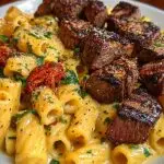 Rigatoni in Garlic Butter Parmesan Cream Sauce with Cajun Steak Tips
