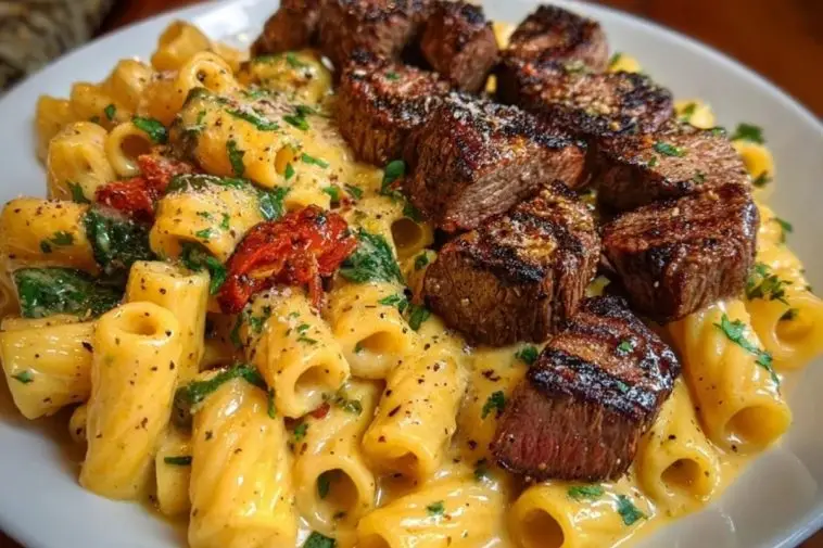 Rigatoni in Garlic Butter Parmesan Cream Sauce with Cajun Steak Tips