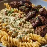 Steak Bites in Garlic Parmesan Sauce over Rotini