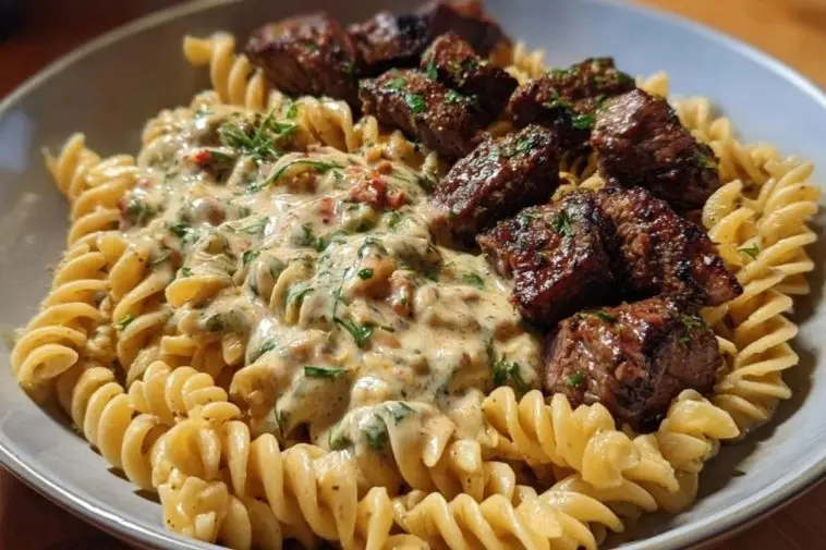 Steak Bites in Garlic Parmesan Sauce over Rotini