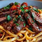 Sweet and Spicy Garlic Steak Pasta