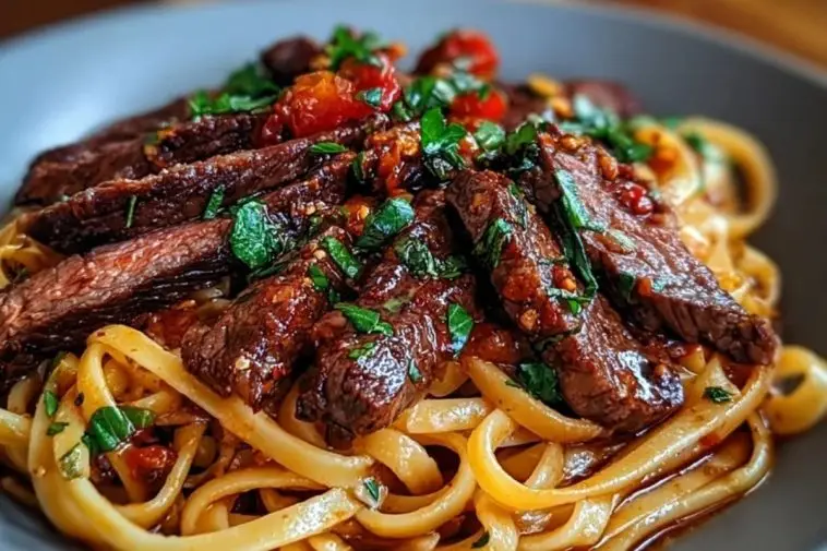 Sweet and Spicy Garlic Steak Pasta