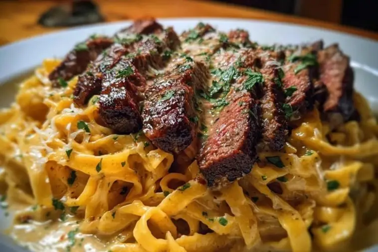 Velveeta Steak Fettuccine with Garlic Butter Cream Sauce