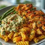 Zesty Greek Chicken Pasta with Spicy Harissa Feta Cream & Roasted Asparagus Crisps