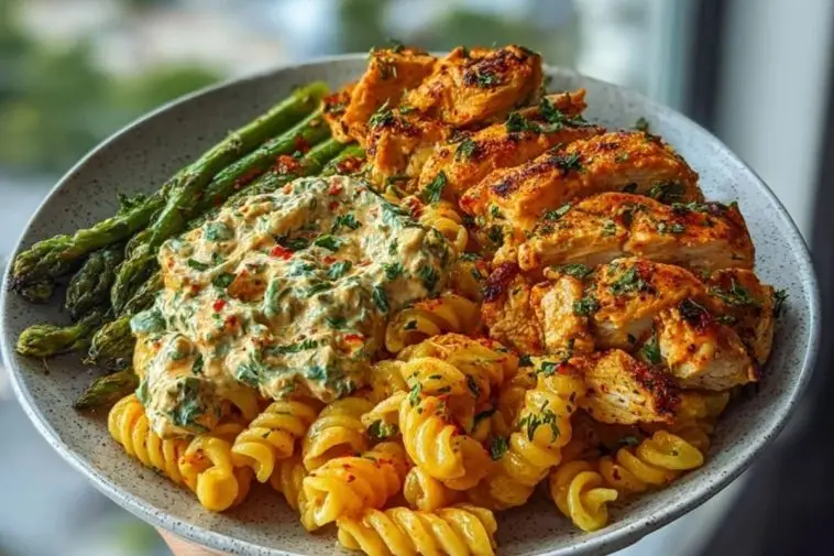 Zesty Greek Chicken Pasta with Spicy Harissa Feta Cream & Roasted Asparagus Crisps