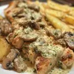Creamy Garlic Mushroom Alfredo Chicken & Potatoes with Basil Pesto