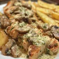 Creamy Garlic Mushroom Alfredo Chicken & Potatoes with Basil Pesto