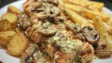 Creamy Garlic Mushroom Alfredo Chicken & Potatoes with Basil Pesto