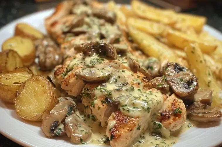 Creamy Garlic Mushroom Alfredo Chicken & Potatoes with Basil Pesto