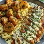 Creamy Mushroom Garlic Chicken Alfredo Recipe with Hot Honey Roasted Potatoes