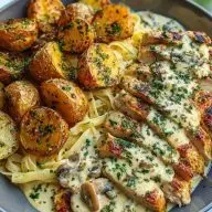 Creamy Mushroom Garlic Chicken Alfredo Recipe with Hot Honey Roasted Potatoes