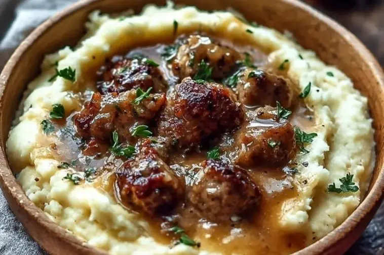 Creamy Roasted Garlic Mashed Potatoes with Savory Sausage Gravy