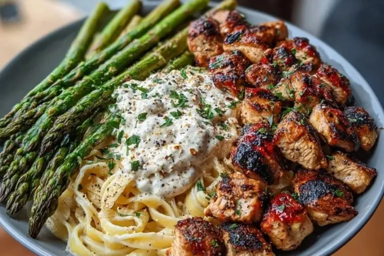 Delicious Greek Chili Chicken Alfredo with Smoked Feta Cream & Crispy Parmesan Asparagus