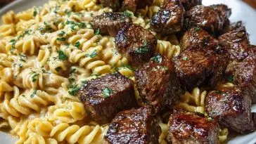 Garlic Butter Steak Bites with Spicy Cajun Alfredo Twisted Pasta