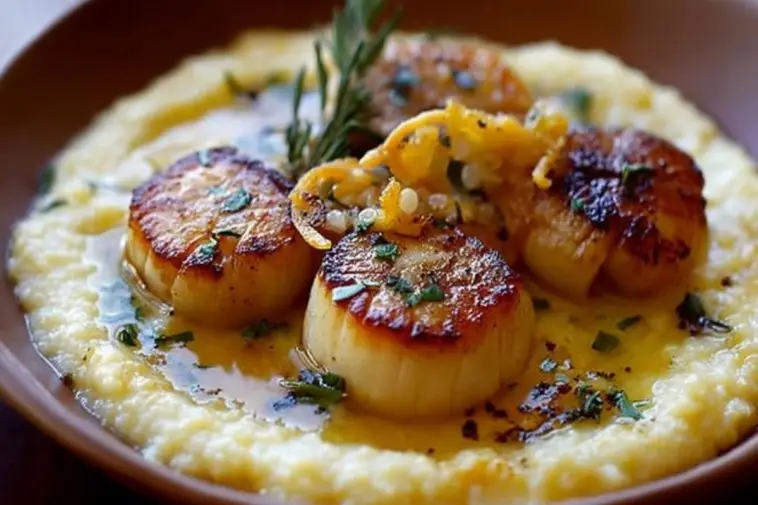 Scallops with Herb Brown Butter over Creamy Polenta