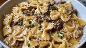 Creamy Parmesan Garlic Beef Bowtie Pasta