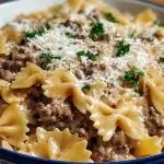 Indulgent Garlic Parmesan Bowtie Pasta with Creamy Beef
