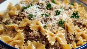 Indulgent Garlic Parmesan Bowtie Pasta with Creamy Beef