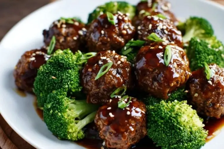 Sticky Mongolian Meatballs and Broccoli