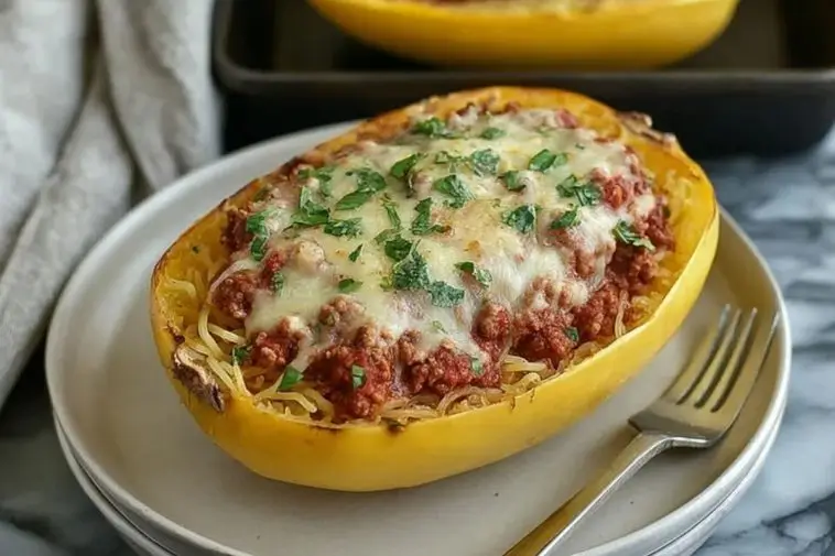 Cheesy Garlic and Herb Spaghetti Squash with Meat Sauce
