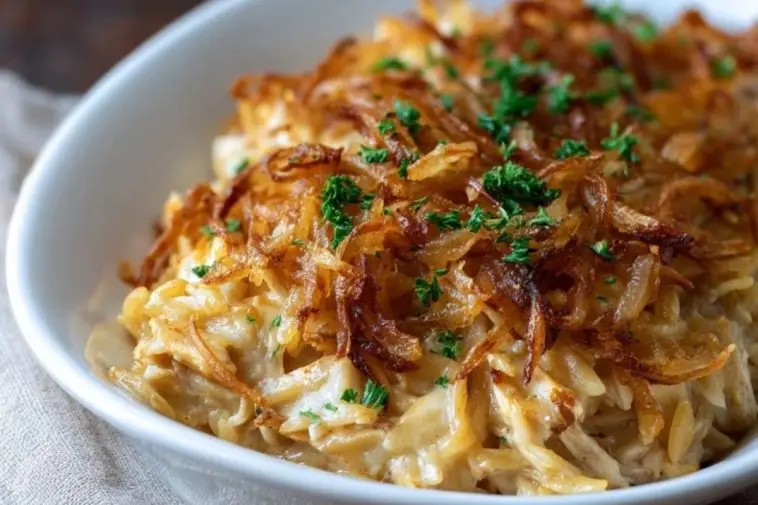French Onion Chicken Orzo Casserole
